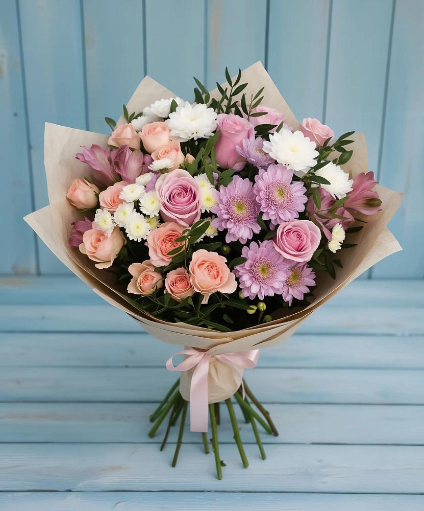 Букет цветов из: Хризантемы, Розы и Альстромерии в Мостовском