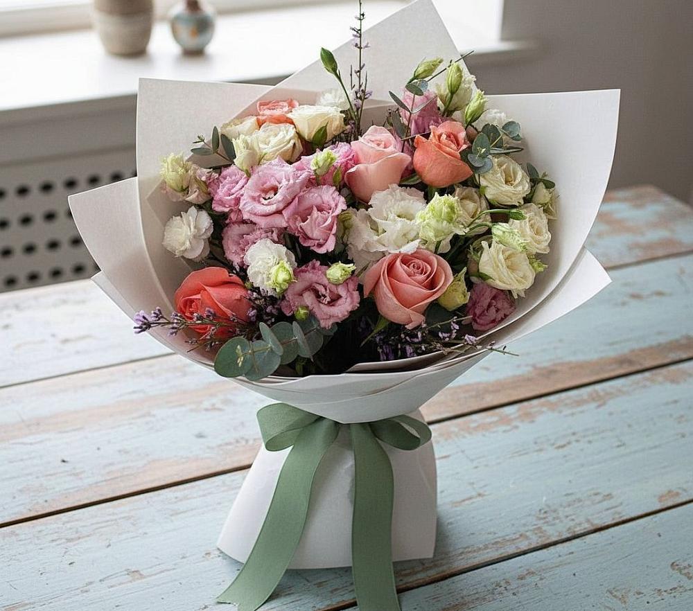 Букет цветов из: Розы, Лизиантусы и Гвоздики в Мостовском