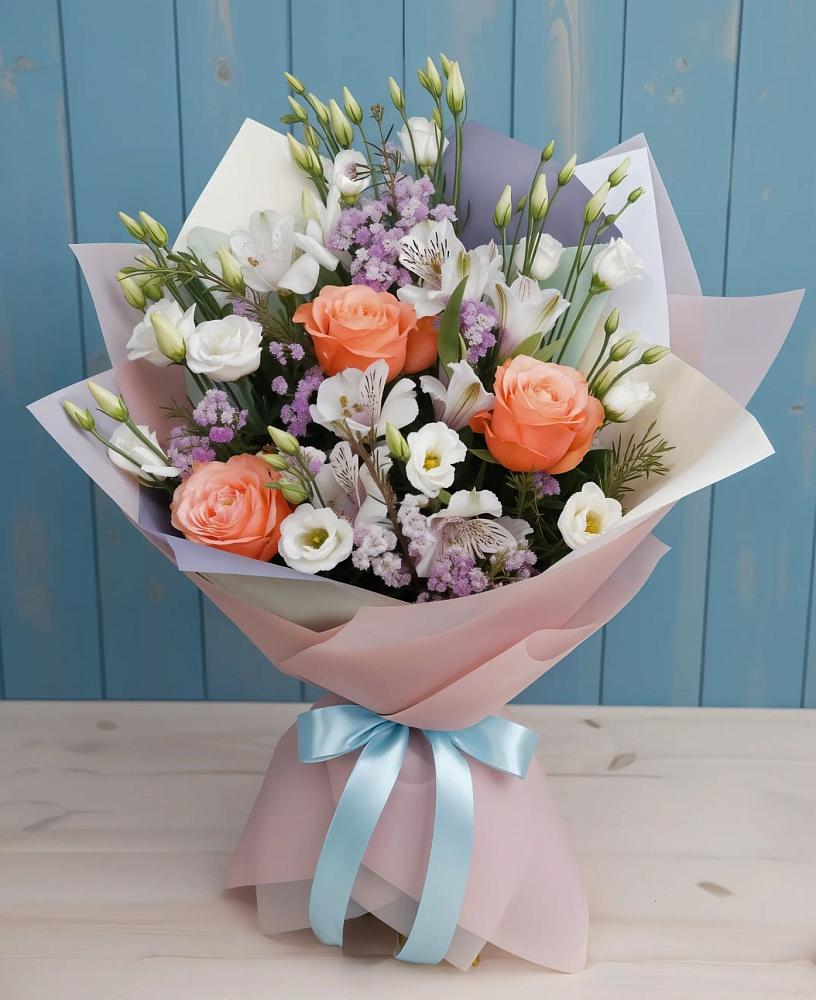 Букет цветов из: Лизиантусы, Розы, Альстромерии и Гипсофила в Мостовском
