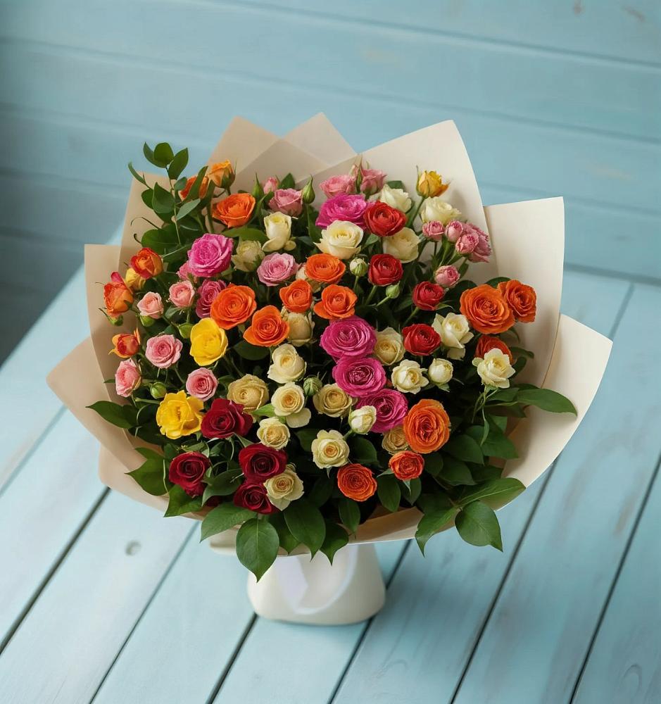 Букет Микс из разноцветных кустовых роз в Мостовском