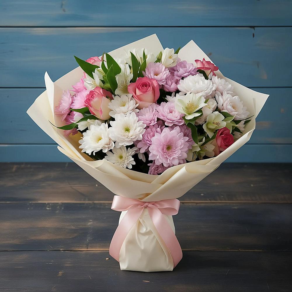 Букет цветов из: Хризантемы, Альстромерии и Розы в Мостовском